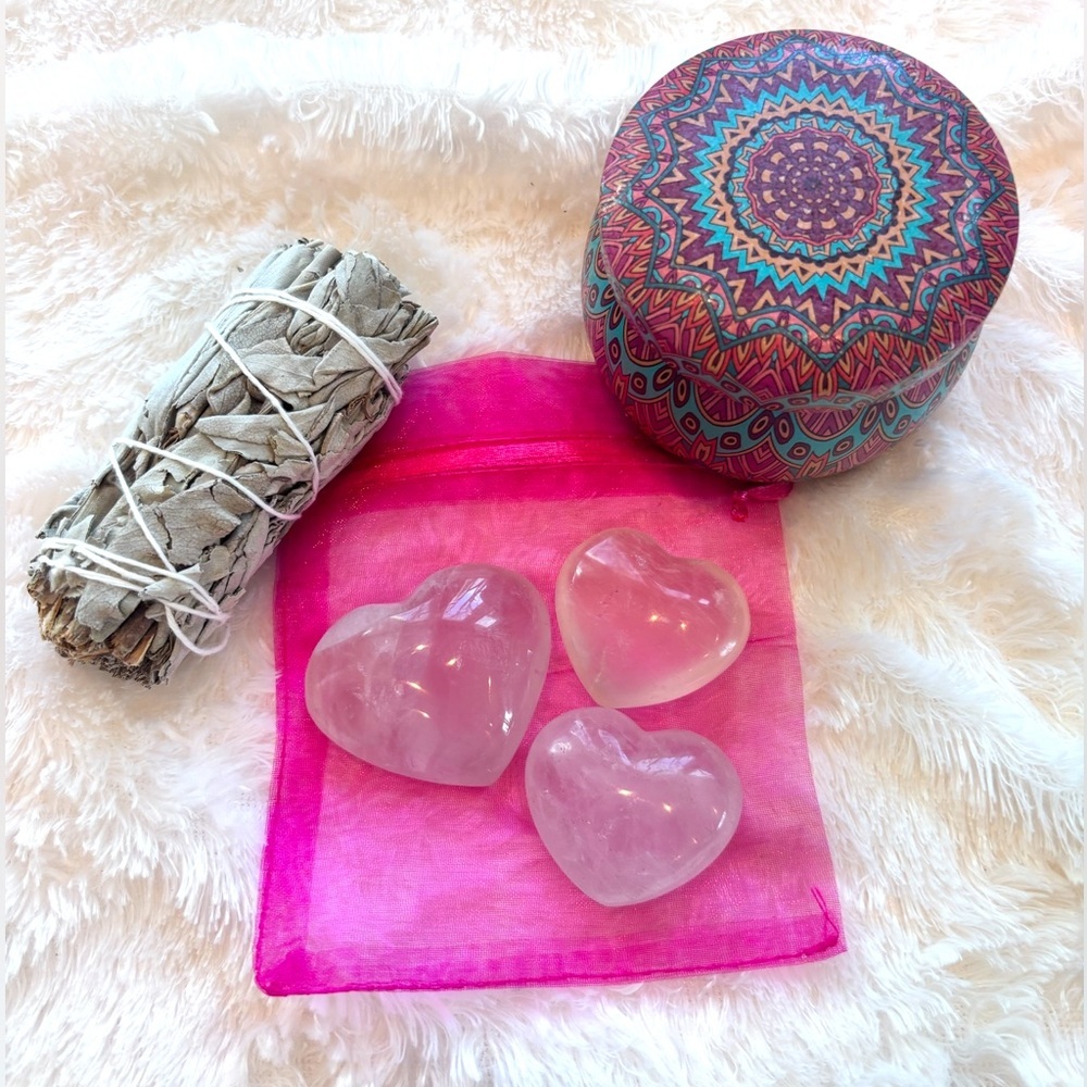 ✨ Spiritual Cleansing Gift Set – Rose Quartz Hearts, Sage, Mint Soy Candle | New - Picture 2 of 2